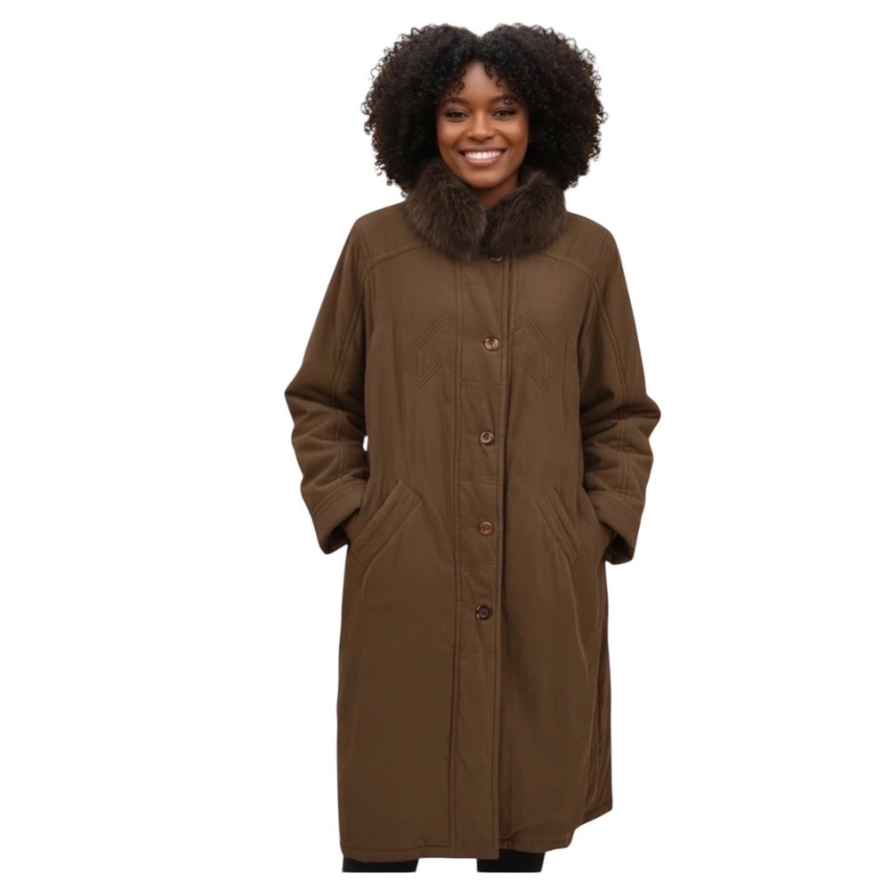Vintage Bernardo Womens XL Brown Long Quilted Coat Fox Fur Collar Geometric